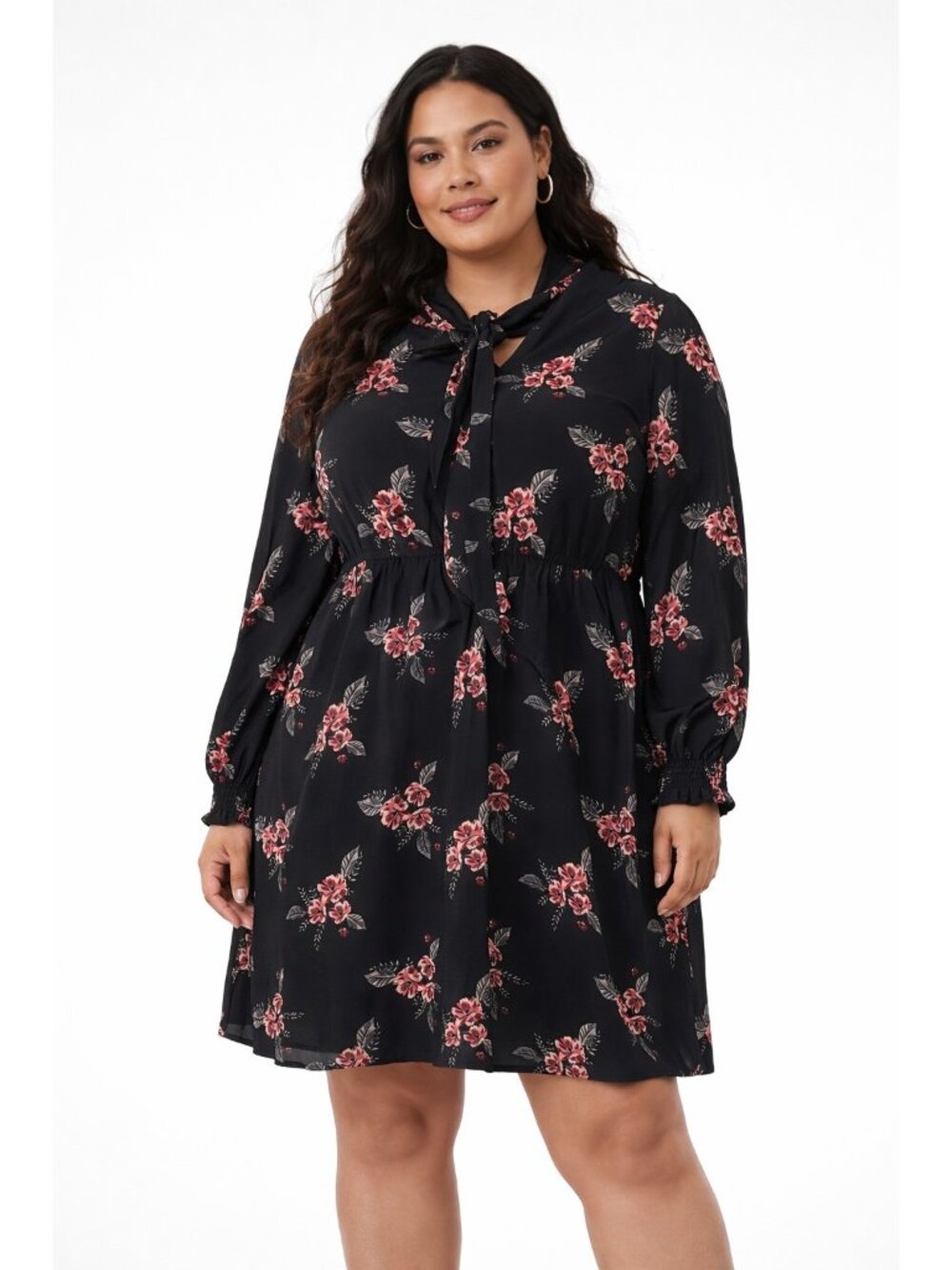 LOFT Babydoll Dress Large Black Floral Tie Neck Mini Smocked Cottagecore Boho